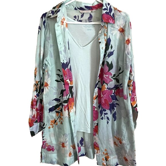 Soft Surroundings 2-piece Tunic Top Shirt Medium Petite Floral Button Front NEW - Picture 3 of 13